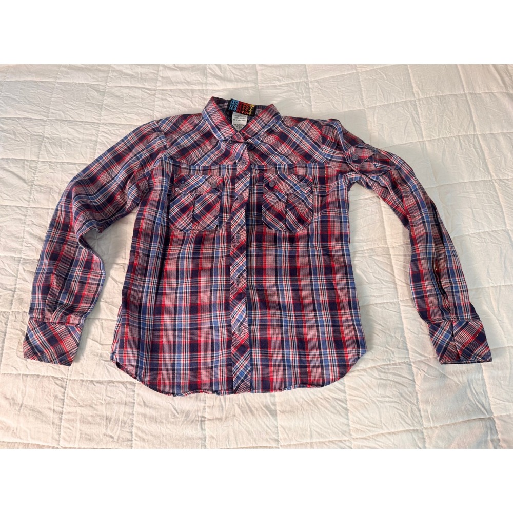 Moving Up Plaid Vintage Shirt Long Sleeve Button Up Red Blue Size 10